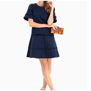 Marie Oliver Jillian Navy Blue Textured Fringe Detail Short Sleeve Dress XXS